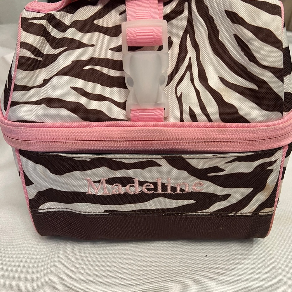 Pottery Barn Kids Zebra Print Insulated Lunch Bag | Pink & Brown | Monogram